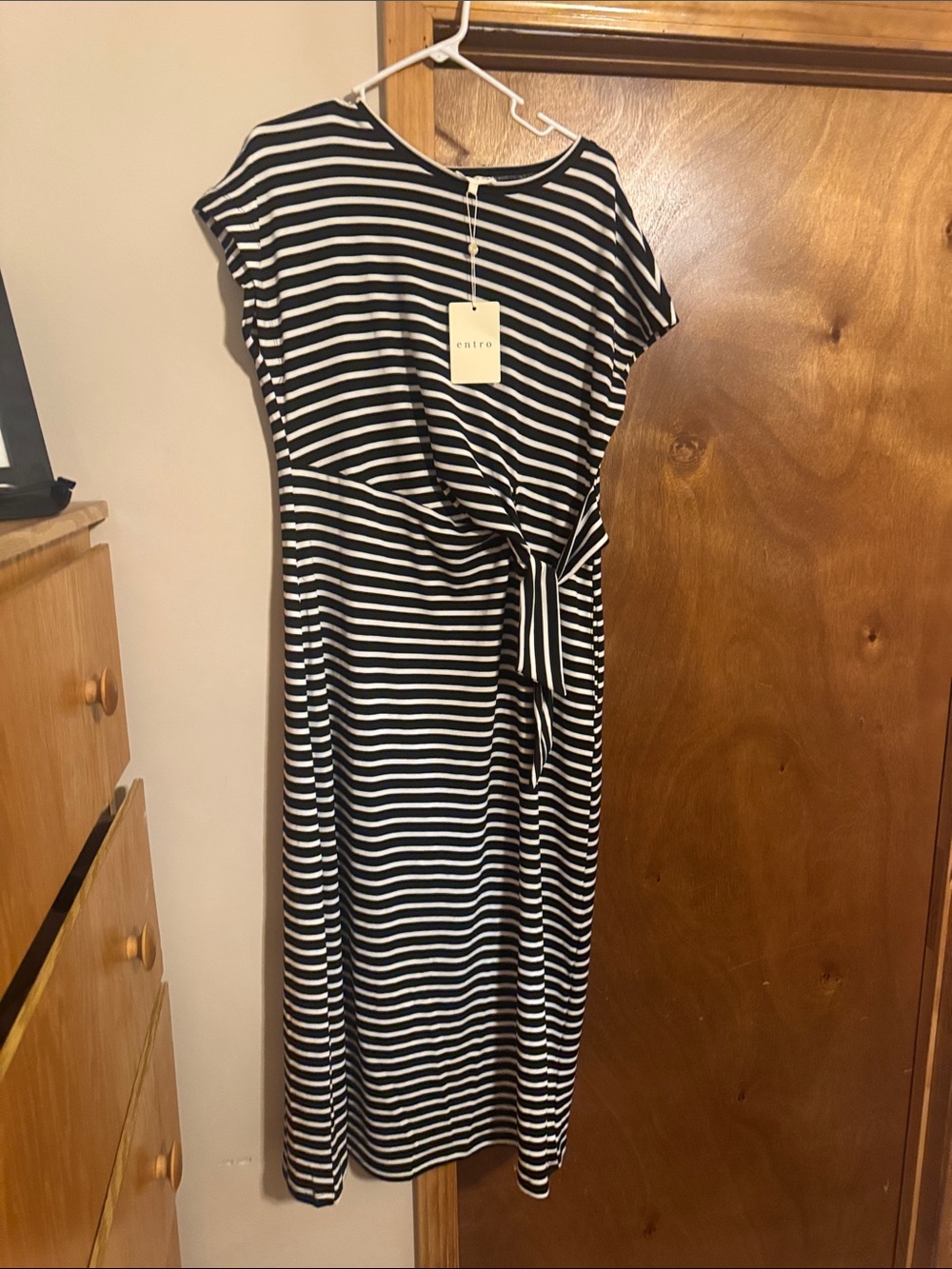 Entro Black & White Striped Tie-Waist Maxi Dress